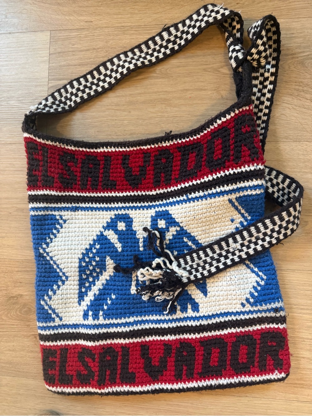 Handwoven El Salvador Crochet Crossbody Bag in Blue, Red, Cream & Black